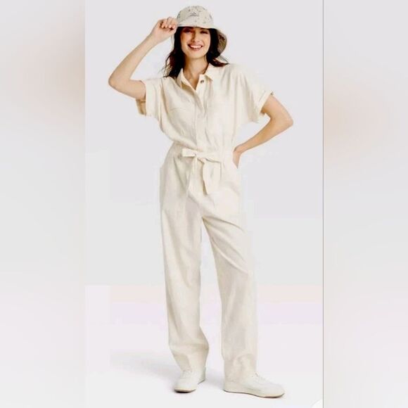 Universal Thread Women's Short Sleeve Linen Boilersuit Casual Jumpsuit Cream 8 - Picture 1 of 6